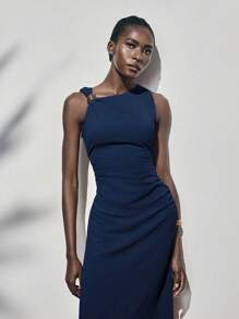 Lumivelle Summer Metal Ring Decor Waist Ruched Sleeveless Dress - Navy Blue - View 7