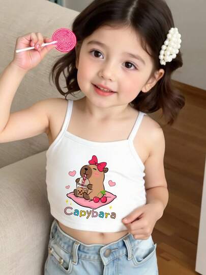 SHEIN Camisola casual minimalista com estampa de capivara fofa para meninas, adequada para o verão