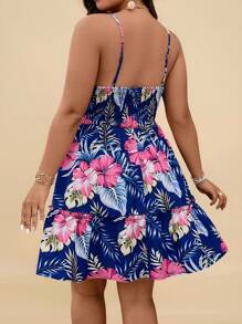 Travachic 大码热带印花无袖休闲连衣裙 - 寶藍色 - 查看 3