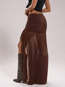 SHEIN BAE Women Solid Color Pleated Mesh Side Slit Hem A-Line Skirt - Coffee Brown - View 2