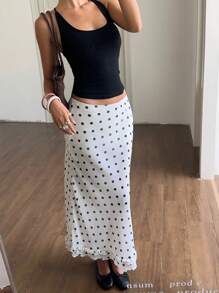 SHEIN EZwear 女士白色波尔卡圆点和图案印花休闲雪纺美人鱼长裙，带荷叶边下摆，夏季，外出