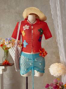 Swim Vcay Kimono Wanita Warna Polos dengan Motif Bunga Rajutan dan Lubang-lubang, Cocok untuk Liburan Musim Panas di Pantai - Jeruk - View 2