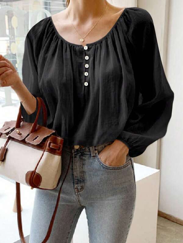 DAZY Women's Solid Color Oversized Round Neck Casual Long Sleeve Shirt,Fall Clothes,Back To School Clothes