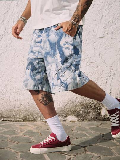 Street Life Men's Loose Fit Sculptural Pattern Insert Pocket Denim Shorts