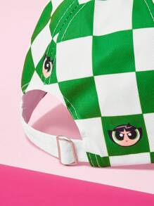 THE POWERPUFF GIRLS X SHEIN Checkerboard And Buttercup Pattern Fashionable Baseball Cap - White - View 4