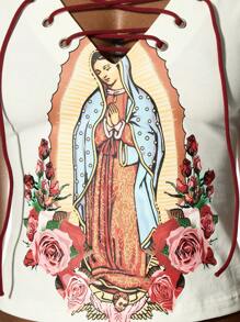 SUMWON WOMEN 艺术系带短款上衣 中世纪文艺复兴短款 T 恤背心 - 白色 - 查看 4