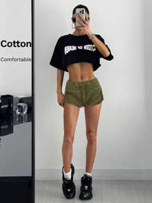 SHEIN EZwear 绿色抽绳腰修身女式休闲短裤，超短裤，舒适短裤，女式短裤，休闲短裤 - 軍綠色 - 查看 5