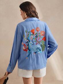 Anewsta Striped Drop Shoulder Long Sleeve Embroidered Giraffe Decor Casual Long Shirt - Blue - View 2