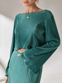 CLARA VERO Conjunto de falda recta plisada y top de cuello redondo elegante de color verde sólido para mujer