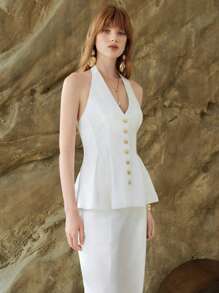 SHEIN LUNE 女士 2 件春夏套装：露背吊带上衣和高腰裤，白色，修身，优雅淑女风格，商务休闲女装，女士办公室服装，全白女装，2 件套夏季 - 白色 - 查看 3