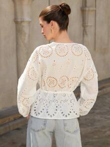 Aveloria Rosie New Water-Soluble Embroidery Hollow Out Fitted Waist Blouse, Elegant Ladies' Shirt For Holiday, Spring/Summer - White - View 2