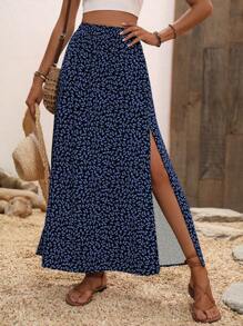 Breezaya Ditsy Floral Print Split Thigh Skirt Maxi Vacation Beach Women Fall Cloth For Women - Black - View 6