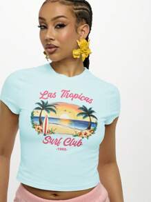 SUMWON WOMEN Las Tropicas Surf Club 婴儿 T 恤复古海滩图案夏季短款上衣复古海岸印花度假装 - 藍色 - 查看 5
