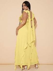 SHEIN BAE 大码女式优雅绿色长款高开叉荷叶边下摆连衣裙，适合春夏季日常穿着，雪纺层叠荷叶边胸罩杯结构吊带长裙，海滩度假连衣裙，演唱会连衣裙，婚礼宾客连衣裙 - 黃色 - 查看 2