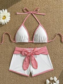 Swim Mod 2pcs/Set New White Ribbed & Red Plaid Print Triangle Halter Low Waist Swim Trunks, Ladies Swimsuit Set For Summer Holiday - Multicolor - View 2