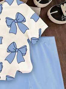 SHEIN Baby Girls' Butterfly Print Round Neck Short Sleeve T-Shirt And Knit Leggings Shorts Cute Set, Blue - Blue - View 3