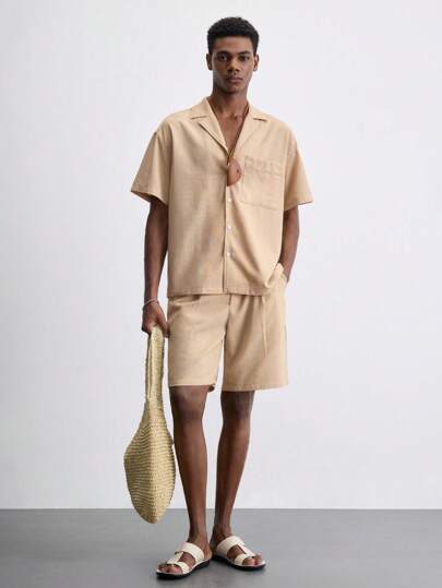 Maija 2025 夏季新款卡其色亚麻松紧腰带可调节侧袋男士短裤，现代优雅休闲，适合婚礼、办公室、日常、度假、音乐节、派对、乡村、街头风格、独立日、约会、返校、秋季