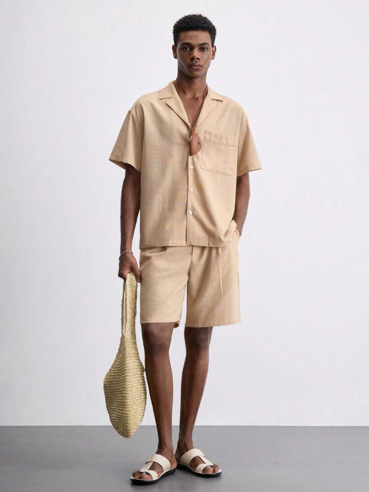 SHEIN Maija 2025 Summer New Khaki Linen Elastic Waist Drawstring Adjustable Side Pockets Men Shorts, Modern Elegant Casual Suitable For Wedding, Office, Daily, Vacation, Music Festival, Party, Countryside, Street Style, Independence Day, Date, Back To School, Fall