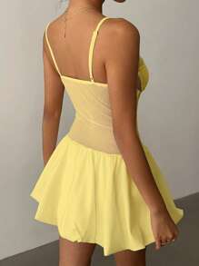 Aloruh Women Contrast Lace Ruffle Hem Sexy Cami Mini Dress,Club Outfits Women Sexy - Yellow - View 2