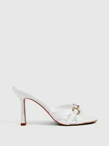 CUCCOO SZL Women's White PU Leather Gold Rhinestone Decor Fashion Evening Mules Sandals, 8.8CM High Heel, Round Toe - White - View 3