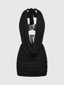 ROMWE J-Fashion Punk Sexy Black & Grey Striped Metal Ring Backless Mini Dress - Black - View 1