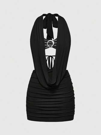 J-Fashion Robe mini décolletée noire et grise rayée métallique, style punk et sexy