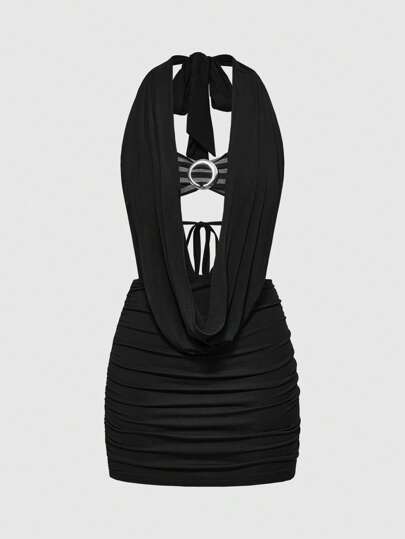 J-Fashion Punk Sexy Black & Grey Striped Metal Ring Backless Mini Dress