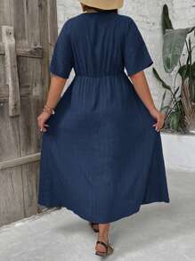 SHEIN VCAY Đầm thường ngày tay ngắn cổ chữ V đơn giản màu trơn cỡ lớn cho nữ - Màu xanh hải quân - Xem 2