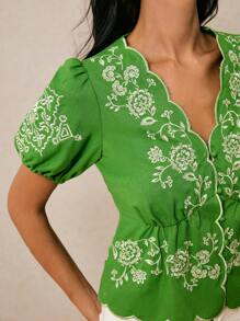 Poéselle Áo kiểu nữ tay ngắn thêu họa tiết phong cách vintage Boho, áo dễ thương, áo thêu, áo sơ mi cài nút, áo dành cho nữ đi nghỉ mát, phong cách cổ điển, phụ nữ thanh lịch, vintage, mùa hè/thu - màu xanh lá - Xem 3