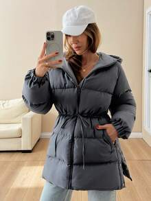 EURMUSE Premium Quality, Side Popper Detailed Puffer Wintercoat Winter Everyday Going Out Dark Grey Casual - Grey - View 4