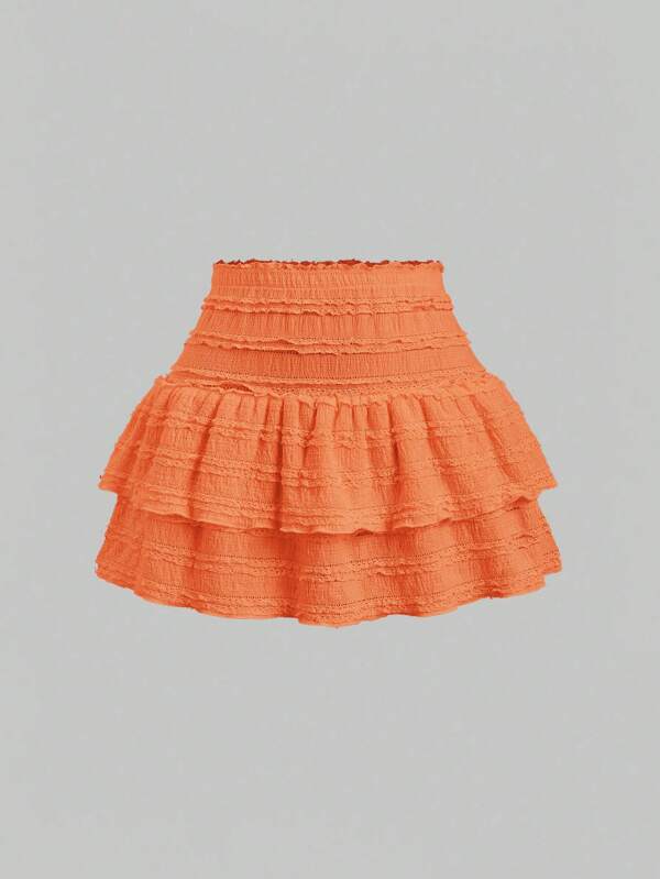 Sweetra Solid Color Ruffle Trim Number Print Double Layered Hem Skirt, Casual & Resort Y2K Outfit  Mini Short Women Outfit
