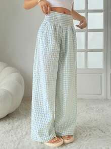 INAWLY 女士格子高腰宽松阔腿休闲裤