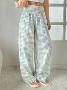 INAWLY 女士格子高腰宽松阔腿休闲裤