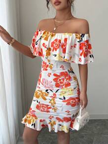 Selianne Tropical Print Off Shoulder Ruffle Trim Ruched Bodycon Dress Vacation Beach Outfits Women - Multicolor - View 6
