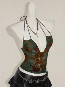 SHEIN ICON Women's Retro Green Flocked Jacquard Criss-Cross Backless Sexy Camisole - Green - View 7