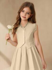 SHEIN Conjunto de 2 peças para meninas adolescentes, blusa elegante bordada com decote em V, sem mangas e bainha assimétrica, combinada com saia plissada de cintura alta e cor lisa - Damasco - Ver 7
