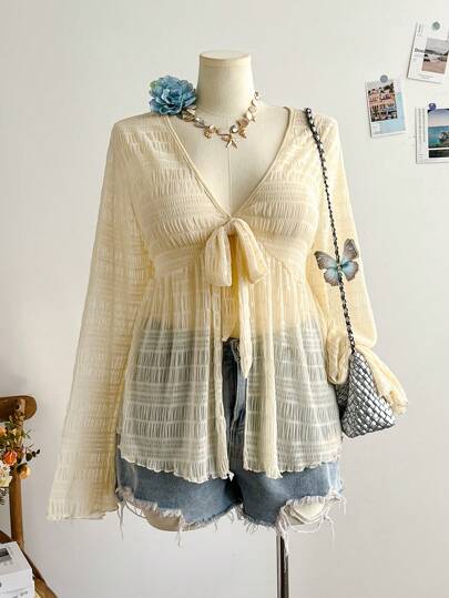 Soleia 大码女式纹理网眼 V 领系带喇叭袖开衩下摆衬衫，粉色，适合度假秋冬夏季衬衫女士夏季衬衫波西米亚风衬衫女士夏季衬衫