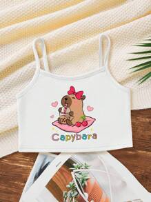 SHEIN Leap Crew Young Girl Cute Capybara Printed Casual Minimalist Camisole Top, Suitable For Summer