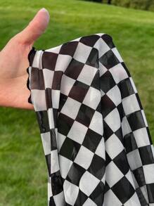 SHEIN EZwear Plus Checker Print Lettuce Trim Crop Top Without Cami Top, Summer