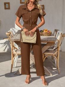 SHEIN Clasi 女式纯色短袖实用口袋休闲连体裤 - 棕色 - 查看 6