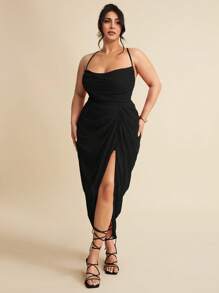 SHEIN BAE 大码女式夏季纹理性感开叉大腿礼服，女士夏季连衣裙，女士婚礼宾客礼服 - 黑色 - 查看 4