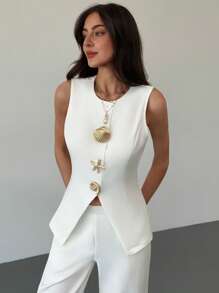Aloruh New Sleeveless Jacket With Metal Button Decor + Straight-Leg Pants, Suitable For Spring/Summer Office And Resort Wear - White - View 1