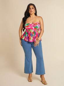 SHEIN BAE Plus Size Women Floral Print Summer Beach Resort Holiday Backless Bowknot Strap Top, Fourth Of July Women,4th Of July,4th Of July Curve, Vacation,Vacay,Club Women Sexy,Birthday,Airport,Graduation
