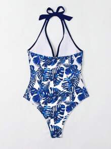 Swim Lushoire 女士花卉印花露背吊带连体泳衣，随机印花 - 藏蓝色 - 查看 2