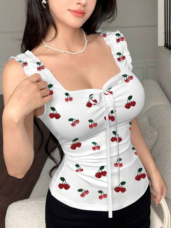 Modelyn Top de tirantes sin espalda con estampado de cerezas frutales de moda para mujer en verano