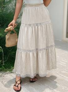 Dazy Plus 大码弹力腰带撞色蕾丝宽松A字裙度假装 - 杏色 - 查看 3