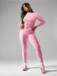 Missguided x Playboy Athletic Performance High Rise Leggings Compression Workout Pants Moisture Wicking Running Yoga Fitness Training Activewear Gym Sportswear - Pink - View 3