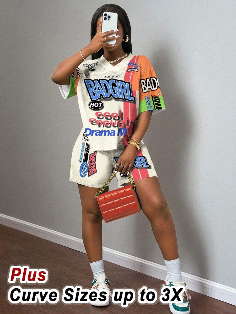 Slaydiva 2025 Spring/Summer Casual Minimalist Jersey Outfit, Race Car Graphic Print For Plus Size Women, 2pcs Set Women Summer Clothing Women Clothes Women Clothing Summer Outfits Women Summer Outfits Women 2 Pieces Outfits 2pcs/Set Casual Set Two Pieces Set Women Two Pieces Set Women Summer Baddie Outfits Summer Plus Size Two Pieces Set Women 2 Pieces Sets Summer