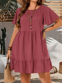 EMERY ROSE Plus Size Vacation Casual Solid Color Short Sleeve Dress, Summer Outfits For Women, Easter Bohemia, Rave Outfit Curve, Country Concert Dresses Tiered - Redwood - View 1