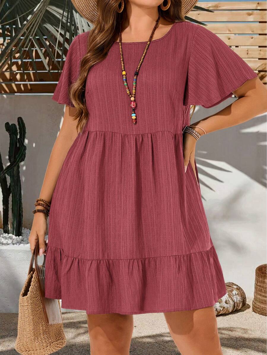 EMERY ROSE Plus Size Vacation Casual Solid Color Short Sleeve Dress, Summer Outfits For Women, Easter Bohemia, Rave Outfit Curve, Country Concert Dresses Tiered - Redwood - View 1